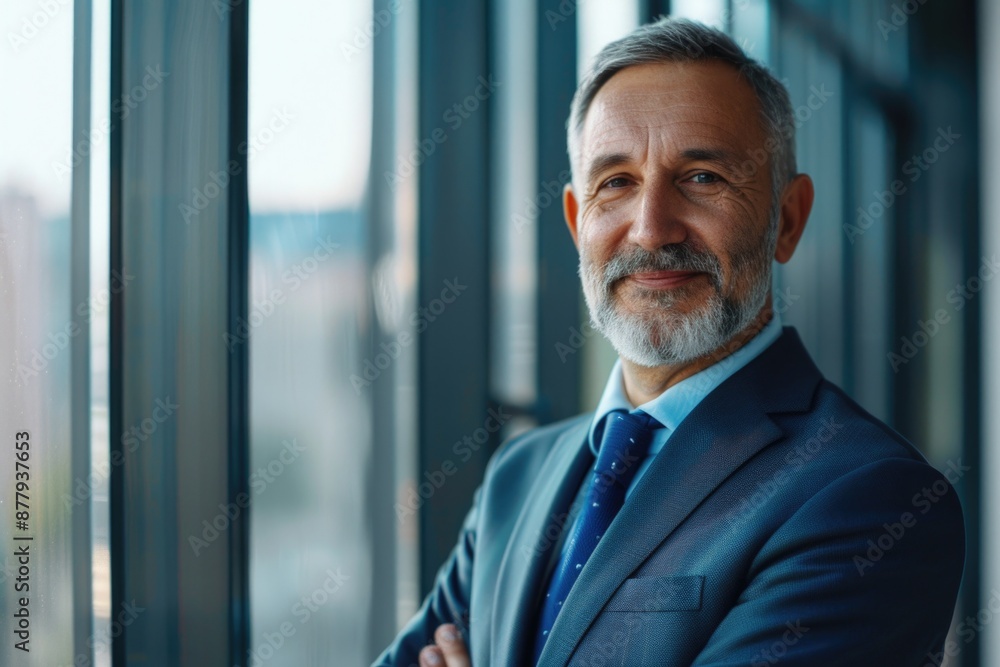 Fototapeta premium A business professional standing near a window, possibly waiting for someone or looking out at the view