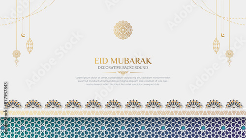 Eid Mubarak greeting card social media post with colorful ornamental Islamic pattern