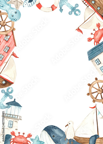 Watercolor rectangular nautical frame with ship, house, underwater creatures, anchor, steering wheel for children, children's template