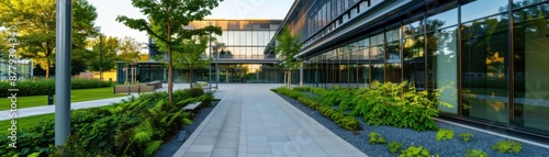 Modern corporate office building exterior with lush landscaping and clear sunny sky, clean architecture lines and walkway in urban business park.
