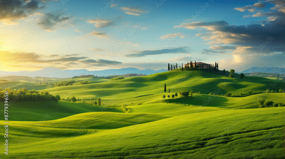 Obraz premium Tuscan Sunrise Over Rolling Green Hills