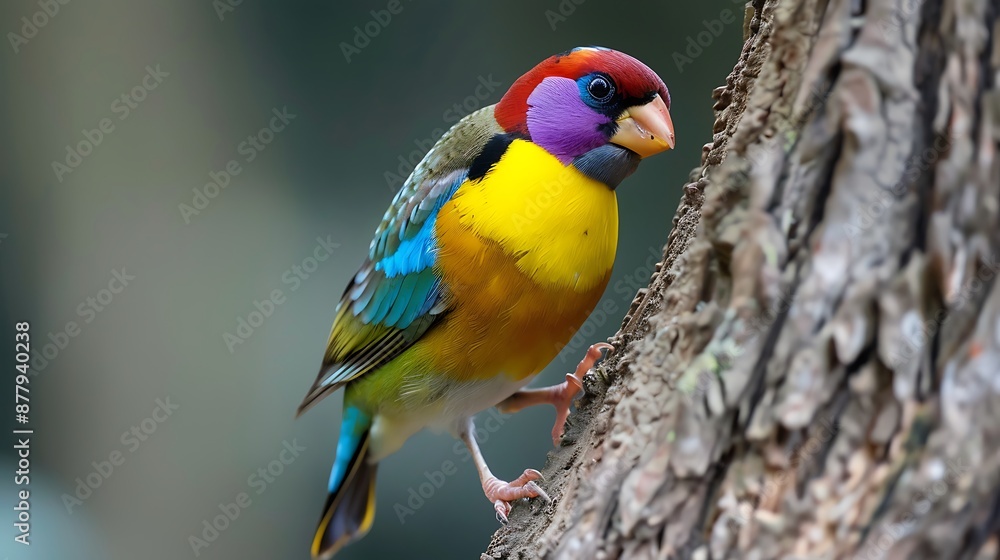 Obraz premium A close up image of colourful gouldian finch bird perched on a tree trunk looking right