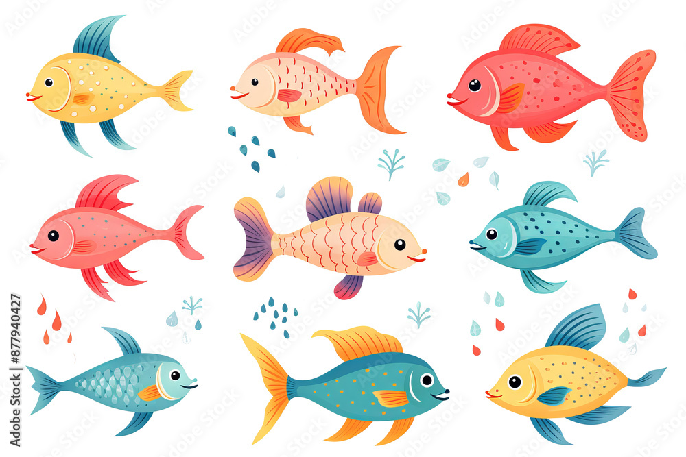 Fototapeta premium Set of cute fish stickers in PNG clipart style on isolated transparent background for fun and creative design projects