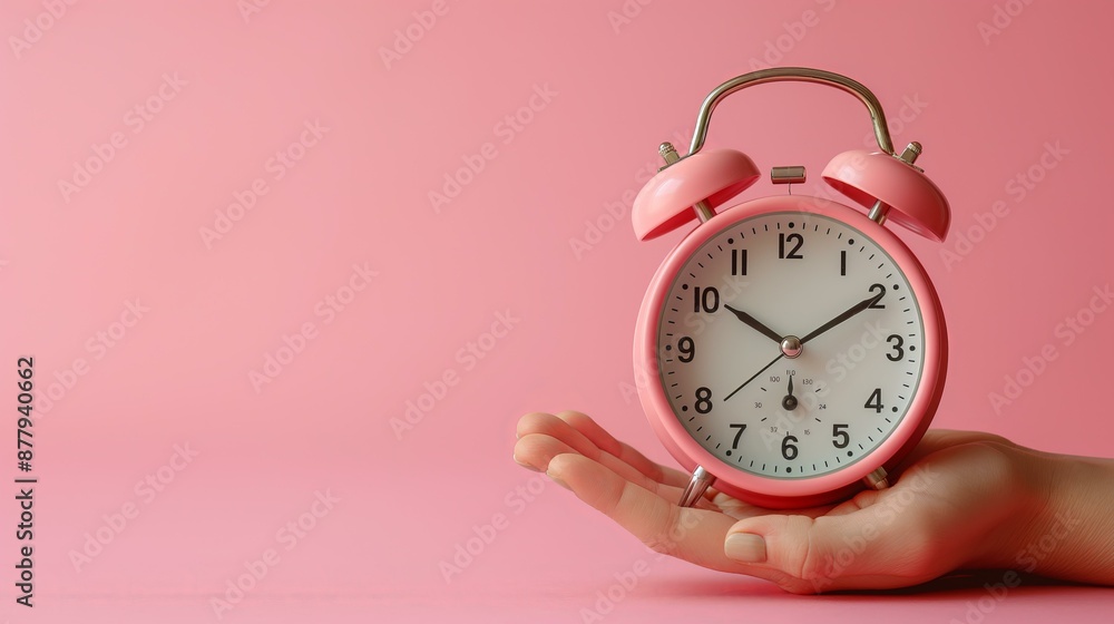 hand holding alarm clock on pink background hand holding alarm clock on pink background