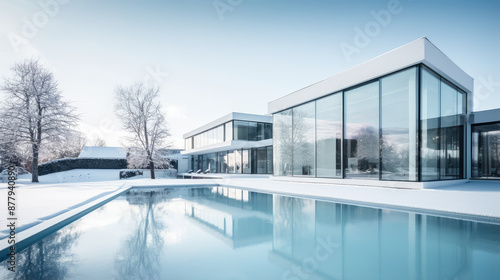Luxurious Modern Home with Pool in Winter Landscape