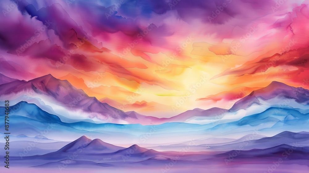 Vivid watercolor depiction of a vibrant sunset with colorful clouds and a cool breeze, creating a dreamy atmosphere over a peaceful landscape Vivid watercolor depiction of a vibrant sunset with colorful clouds and a cool breeze, creating a dreamy atmosphere over a peaceful landscape
