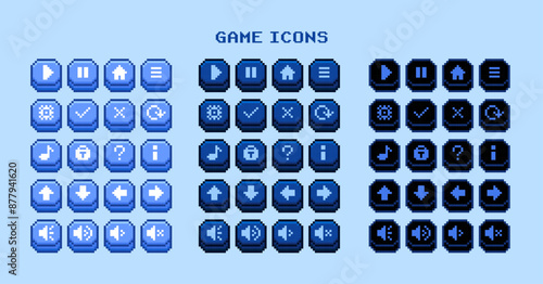 Set of pixel game buttons icons -  Blue theme