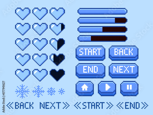 Game pixel health bar hearts UI - Blue snow theme (editable pixel squares)