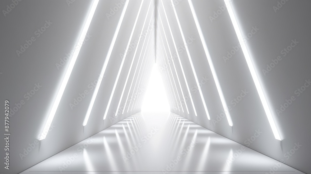 Naklejka premium Futuristic White Corridor with Linear Lighting Design