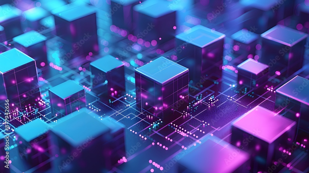 Abstract 3D render depicting futuristic technology with glowing blocks in a digital grid, highlighting data and network innovations. Abstract 3D render depicting futuristic technology with glowing blocks in a digital grid, highlighting data and network innovations.