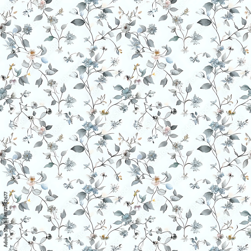 Obraz premium Patterned wallpaper with blue and purple flowers and green leaves