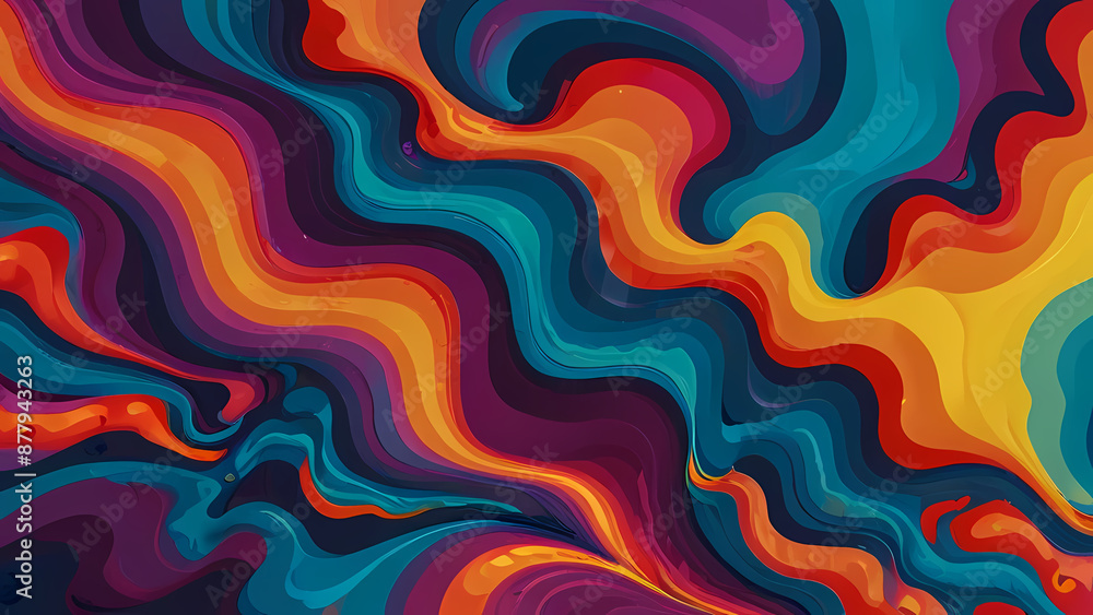 Fototapeta premium Illustration of a psychedelic-themed abstract background with vivid, dreamlike imagery, including spirals, waves, and cosmic elements, all in a harmonious yet chaotic composition