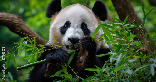 Young Panda Bear Feasting on Bamboo Leaves