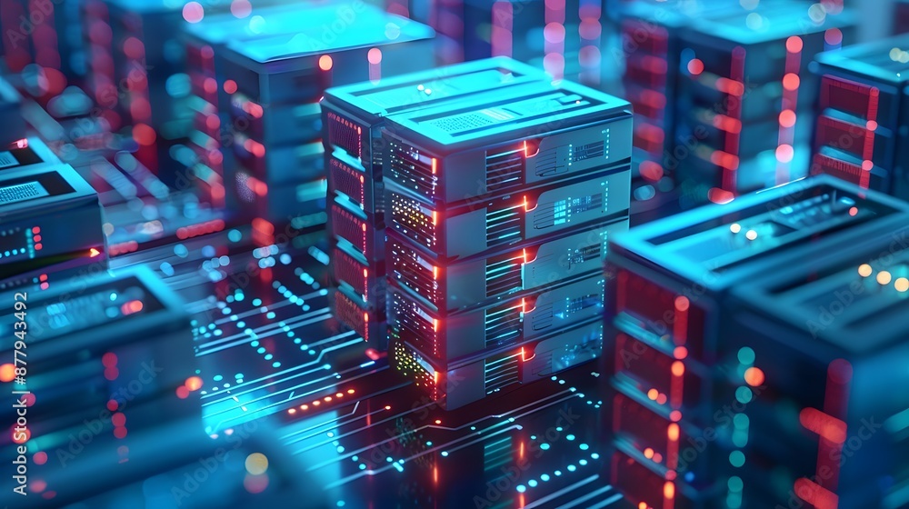 Close-up of modern server rack in data center with glowing lights and circuit board background, representing cloud computing technology. Close-up of modern server rack in data center with glowing lights and circuit board background, representing cloud computing technology.