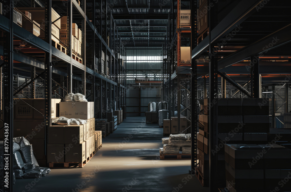 Spacious Warehouse Interior with Stacked Boxes and Shelves Spacious Warehouse Interior with Stacked Boxes and Shelves