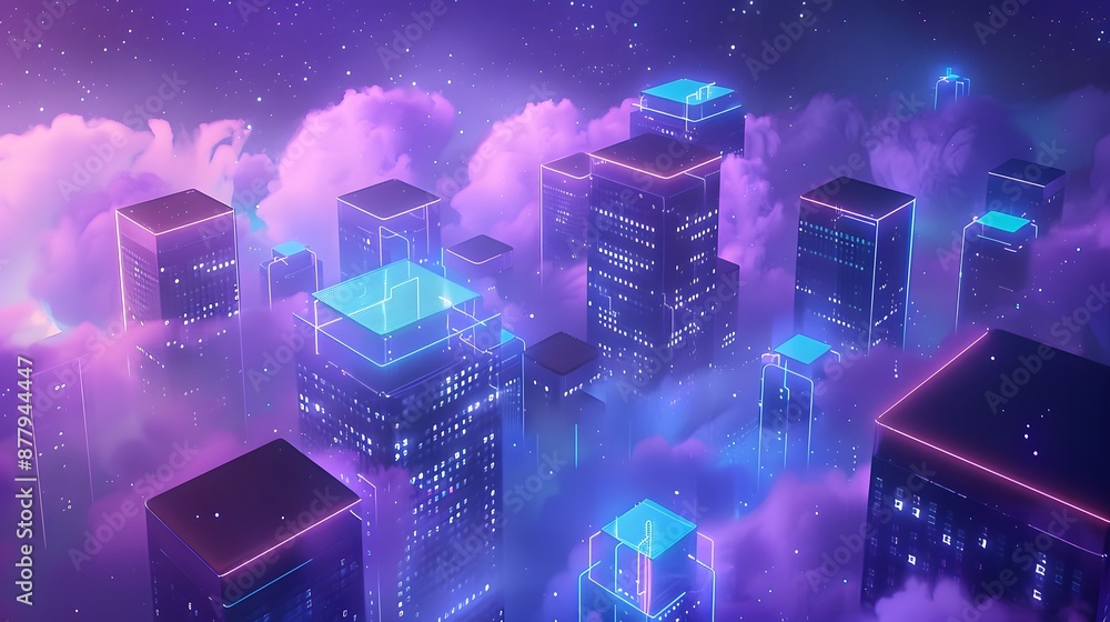 Naklejka premium Futuristic cityscape with glowing buildings surrounded by clouds, featuring neon lights and a mystical ambiance in purple tones.