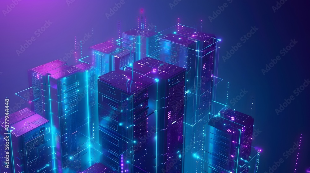 Futuristic cityscape with neon lights, sci-fi high-rise buildings, and glowing digital accents in a vibrant purple and blue night setting. Futuristic cityscape with neon lights, sci-fi high-rise buildings, and glowing digital accents in a vibrant purple and blue night setting.
