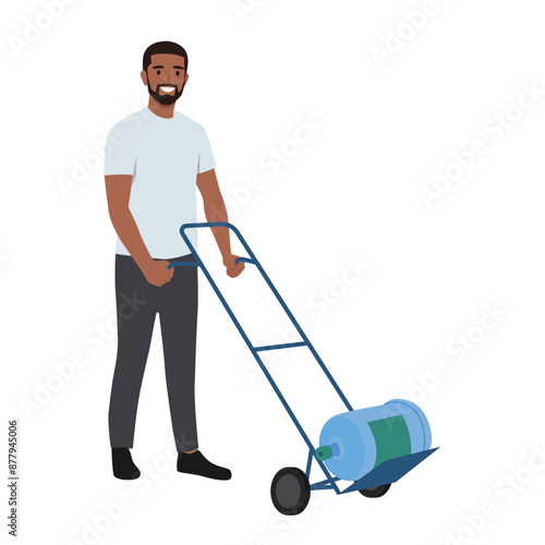 Young delivery man with bottles of water. Flat vector illustration isolated on white background