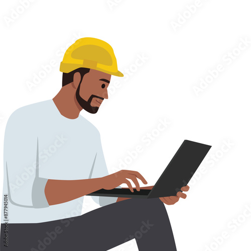 Young engineer in Work Uniform Using Laptop Computer with Spreadsheet Software. Flat vector illustration isolated on white background