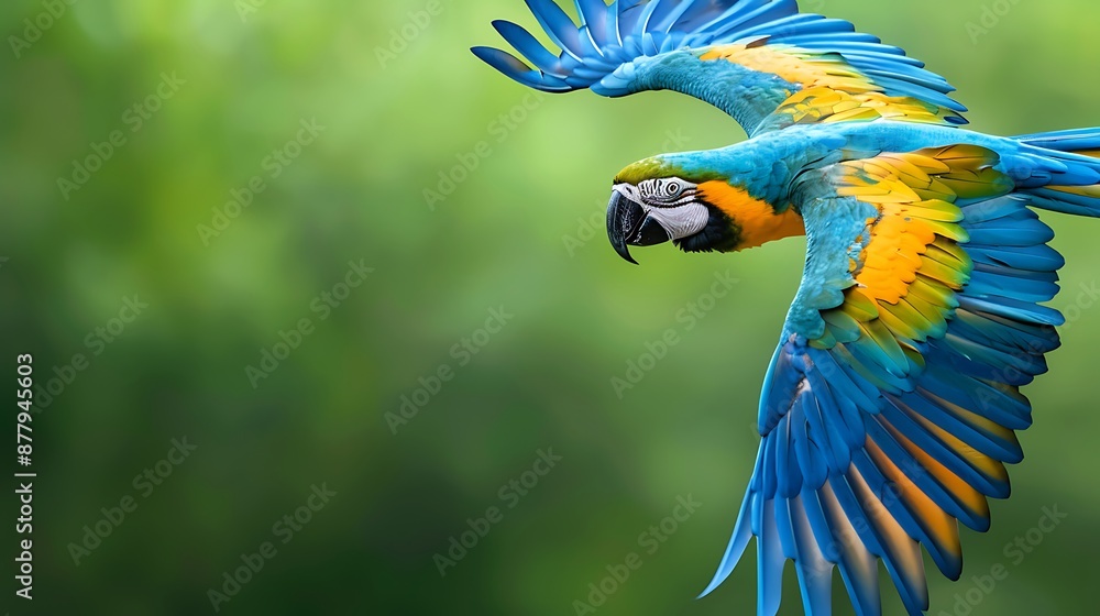 Fototapeta premium Blue and gold parrot flying isolated on green background