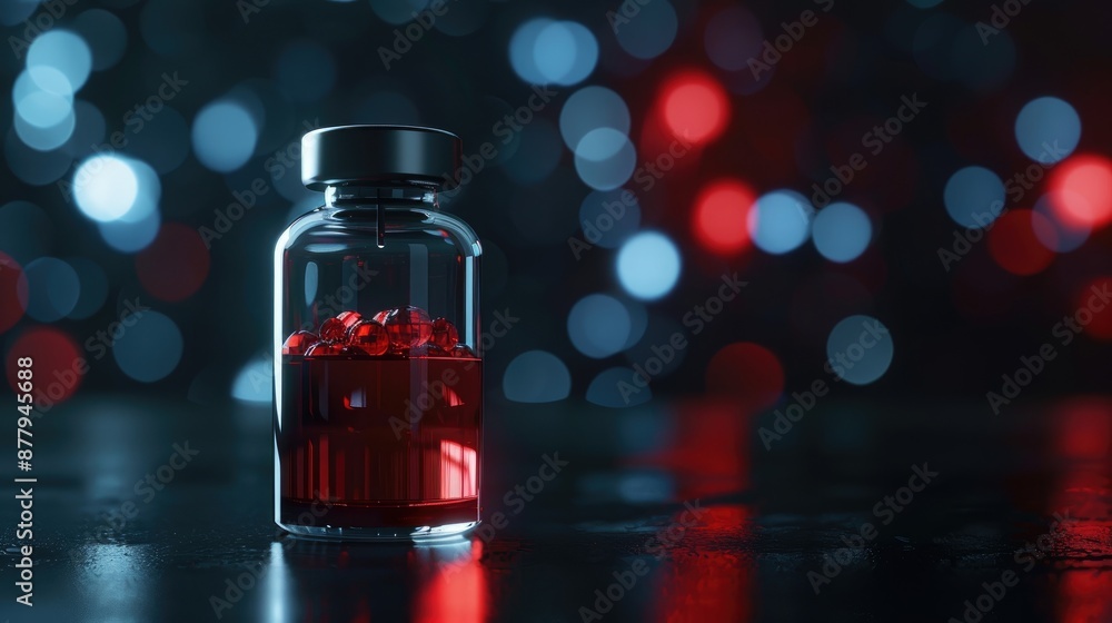 Vaccination concept with medical vial and red liquid on dark background Vaccination concept with medical vial and red liquid on dark background