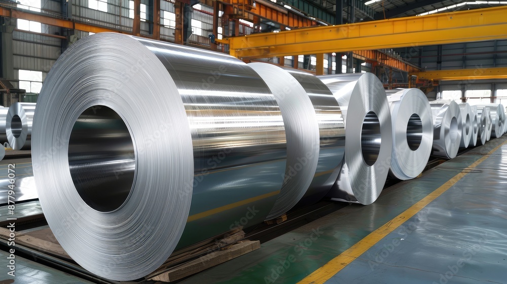 Shiny Steel Coils in Industrial Warehouse Shiny Steel Coils in Industrial Warehouse