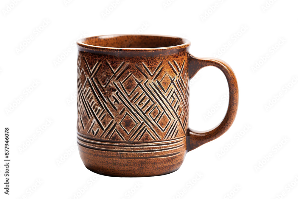 A Handcrafted Ceramic Mug With Intricate Diamond Pattern on a White or Clear Surface PNG Transparent Background A Handcrafted Ceramic Mug With Intricate Diamond Pattern on a White or Clear Surface PNG Transparent Background