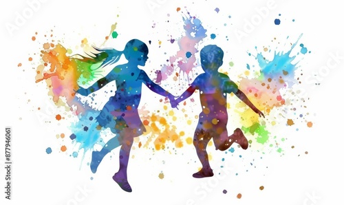 Little kids playing and dancing, cute cartoon watercolor illustration