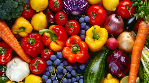 Top view on fresh vegetables like garlic, pepper, eggplant, tomato, cucumbers and other