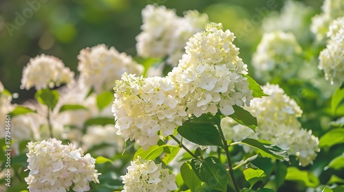 Bush of blossoming cultivar hydrangea paniculata limelight beautiful branches with white flowers in summer garden