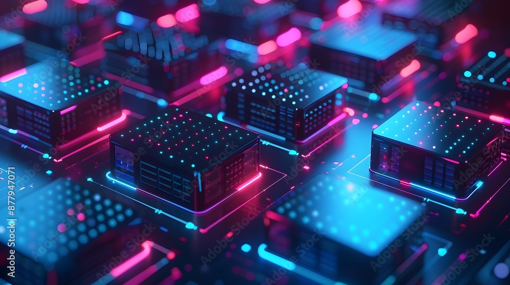 Futuristic microchip technology with glowing neon lights in a close-up view, representing data processing and high-tech innovation. Futuristic microchip technology with glowing neon lights in a close-up view, representing data processing and high-tech innovation.
