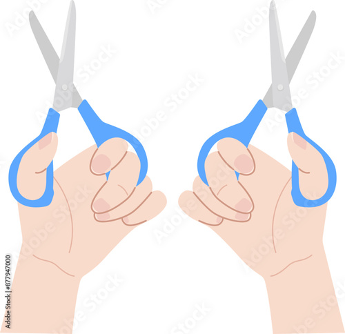 Vector illustration of a left hand holding blue scissors and a right hand holding blue scissors
