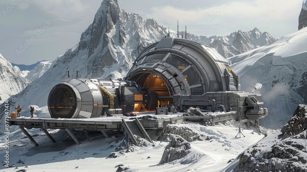 Obraz premium Futuristic Mountain Research Facility in Snowy Landscape