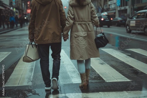 A couple walks hand in hand across the street, capturing a romantic moment