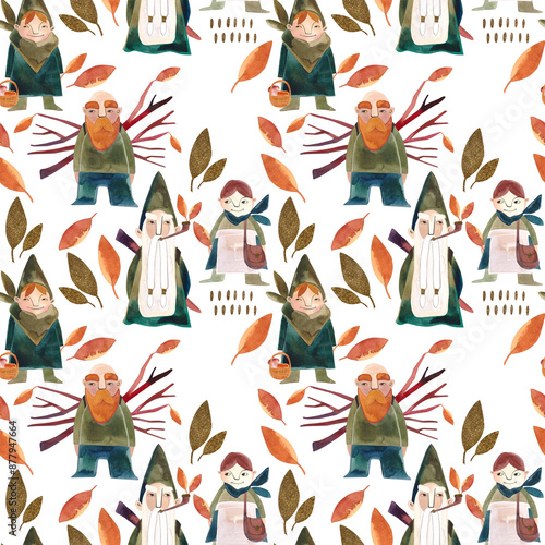 Watercolor seamless patern with autumn gnomes . Seasonal wrapping paper. Fall. Raster illustration for packaging, wallapers, wrapping paper, textile. White background photo