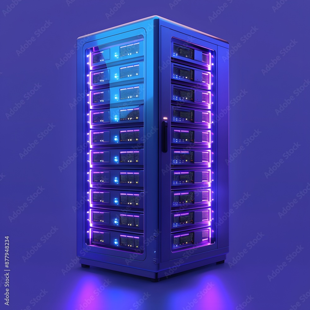 High-tech server rack blue neon light, data center equipment, 3D rendering on a purple background. High-tech server rack blue neon light, data center equipment, 3D rendering on a purple background.