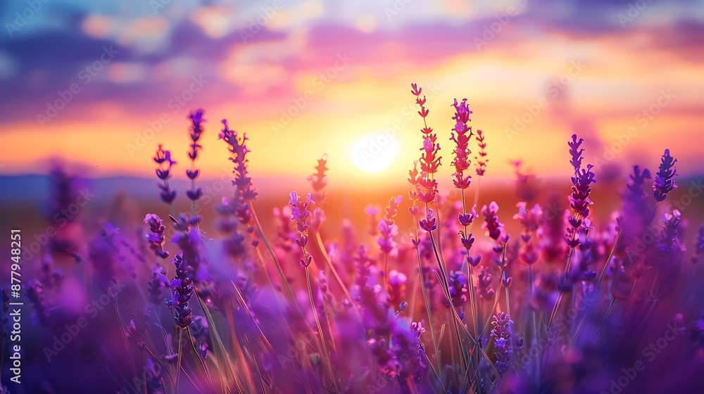 Naklejka premium Close up lavender flowers in beautiful field at sunset