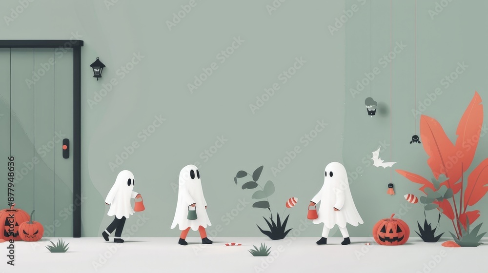 Spooky Halloween Scene: Children in Ghost Costumes Trick-Or-Treating in Minimalist 2D Flat Illustration Spooky Halloween Scene: Children in Ghost Costumes Trick-Or-Treating in Minimalist 2D Flat Illustration