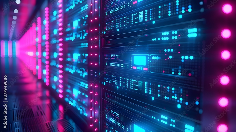 Modern data center with illuminated server racks showcasing advanced technology and network infrastructure. Futuristic server room. Modern data center with illuminated server racks showcasing advanced technology and network infrastructure. Futuristic server room.