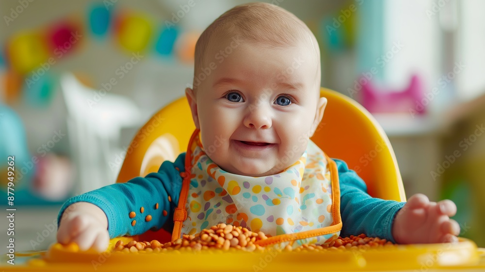 happy baby eating brown beans in high chair at home happy baby eating brown beans in high chair at home