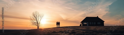 Silhouette of a couple walking near a house and tree during a beautiful sunset in a vast open landscape. © Chanoknan