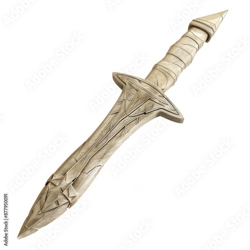 3D Render, Low Poly style of an ancient bone dagger with carved handle, on isolated white background, Generative AI