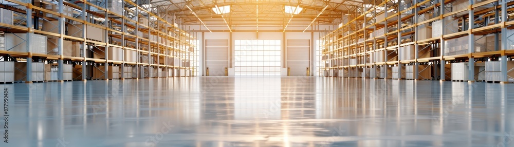 Obraz premium Spacious, modern warehouse interior illuminated by sunlight, featuring high ceilings, large shelves, and a polished concrete floor.