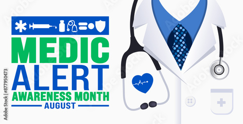 Medic Alert Awareness Month is observed every year in August. Holiday concept. Template for background, banner, card, poster, placard, design template with unique shapes with standard color.