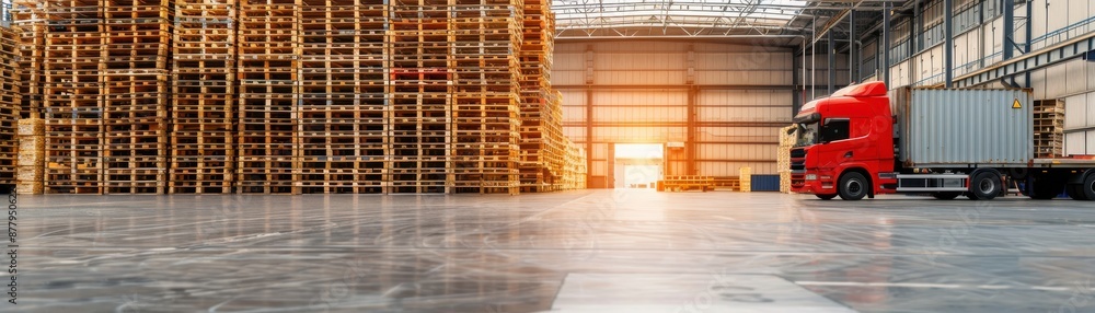 Spacious modern warehouse with rows of shelves and a red truck parked, illuminated by bright sunlight through large open doors. Spacious modern warehouse with rows of shelves and a red truck parked, illuminated by bright sunlight through large open doors.
