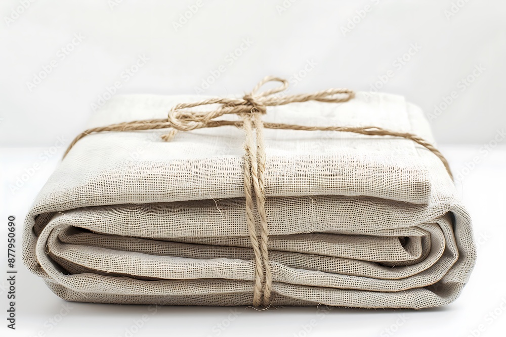 Beige linen fabric cloth napkin or kitchen towel folded and tied with rustic twine rope on white background Beige linen fabric cloth napkin or kitchen towel folded and tied with rustic twine rope on white background