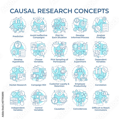 Causal research soft blue concept icons. Investigation. Market research. Study market for business development. Making predictions. Icon pack. Vector images. Round shape illustrations. Abstract idea