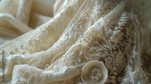 elegant ivory lace fabric with intricate floral patterns and soft textures, ideal for luxurious bridal gowns and high-end textiles