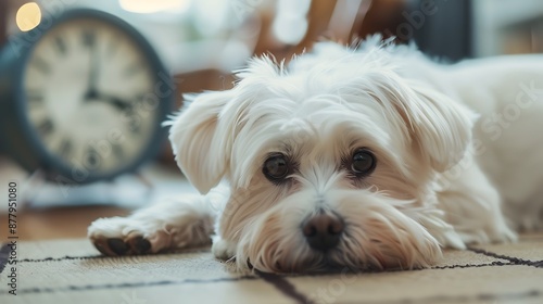 cute white small dog lying on the floor and looking at the camera alarm clock