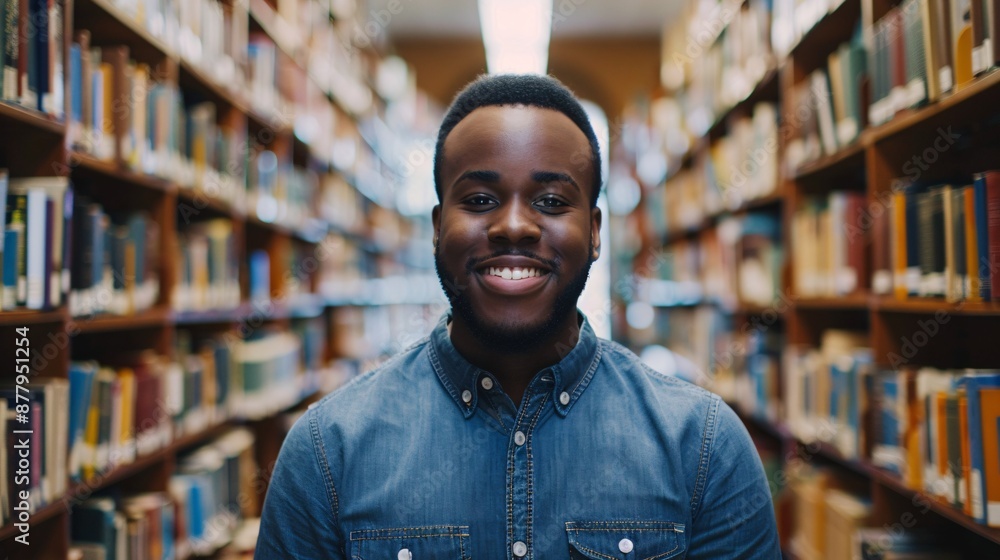 Hardworking African American student studying in campus library, immersed in scholarly pursuits and beaming for the camera. Hardworking African American student studying in campus library, immersed in scholarly pursuits and beaming for the camera.